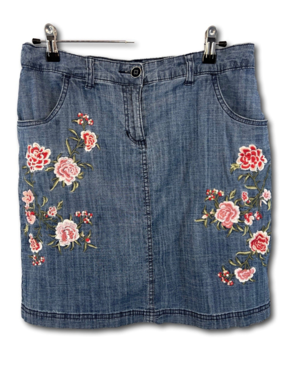 Karen Scott Denim Skort Floral Embroidery Blue Women’s Size 6 Pockets Comfy